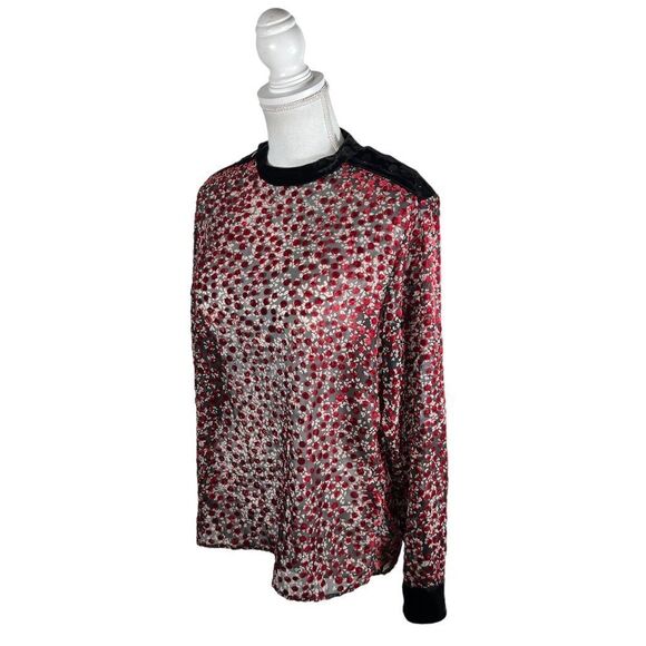 The Kooples Paris Black Semi Sheer Velvet Red Cherry Blossom Blouse - Picture 4 of 10